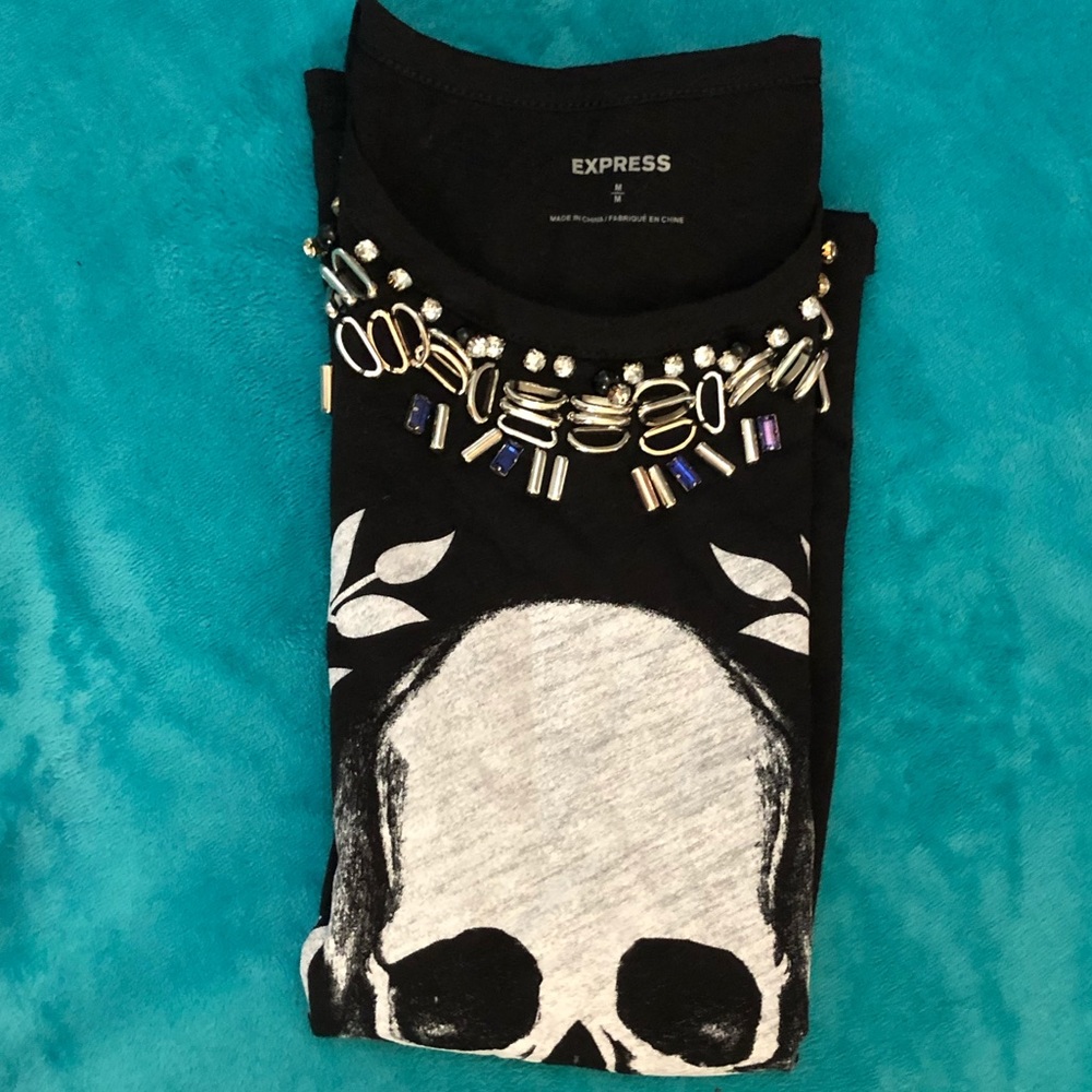 Express Black Embellished Attitude Skull Tank Top